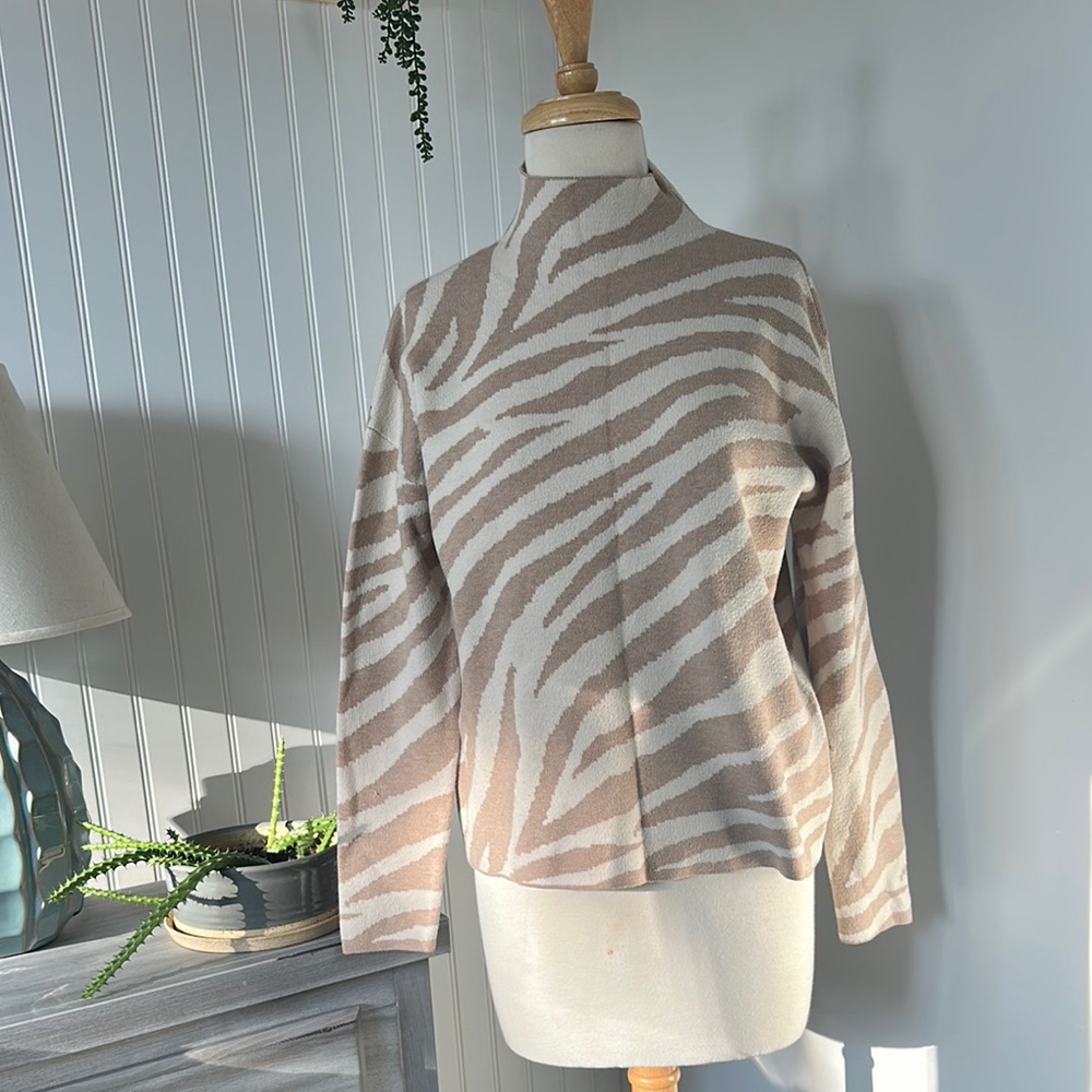 Tahari Beige and White Zebra Print Turtleneck Sweater